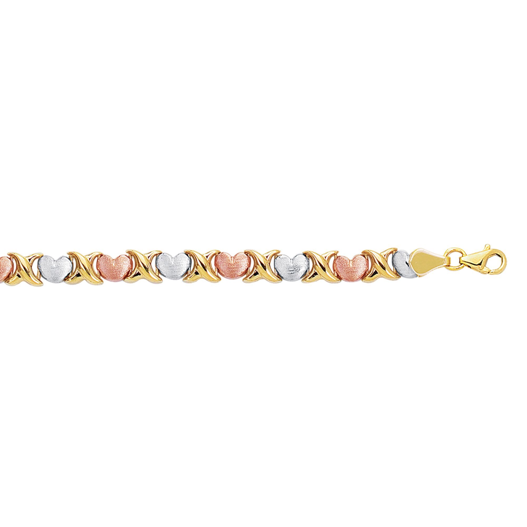 14K Tri Color Gold Heart Fancy Link Bracelet 7.25
