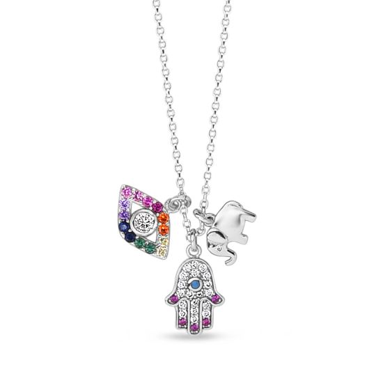 Silver Rainbow CZ Charm Dangle Necklace 