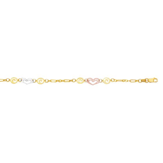 14K Tri-color Gold Heart and Swirl Anklet