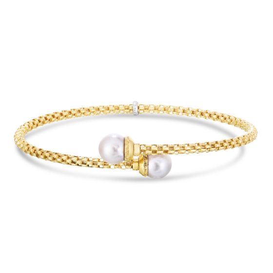 14K Gold Prosecco Small Bypass Bangle with Pearls