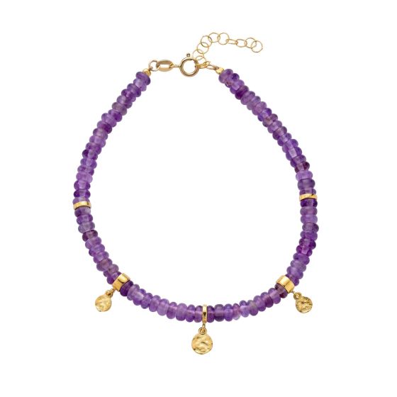 14k Gold Charm Station Amethyst Beads Bracelet