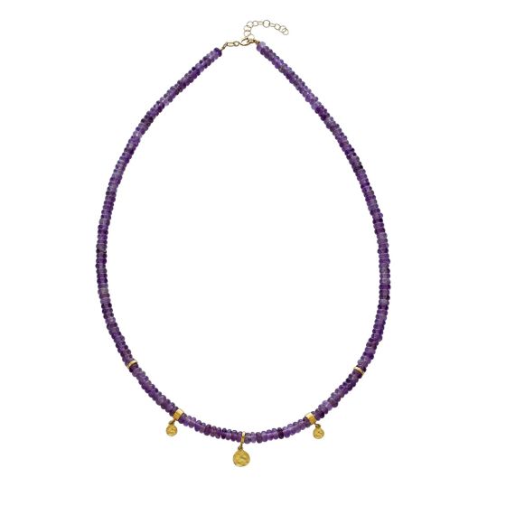 14k Gold Charm Station Amethyst Beads Necklace