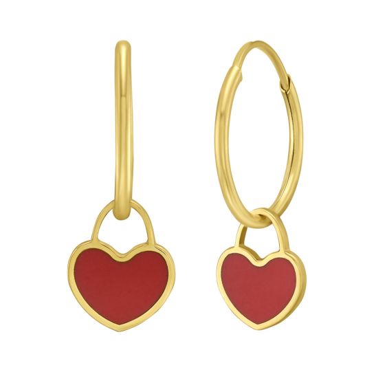 14K Gold Red Coral Heart Huggies