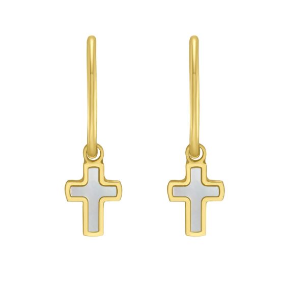 14K Gold MOP Cross Huggies