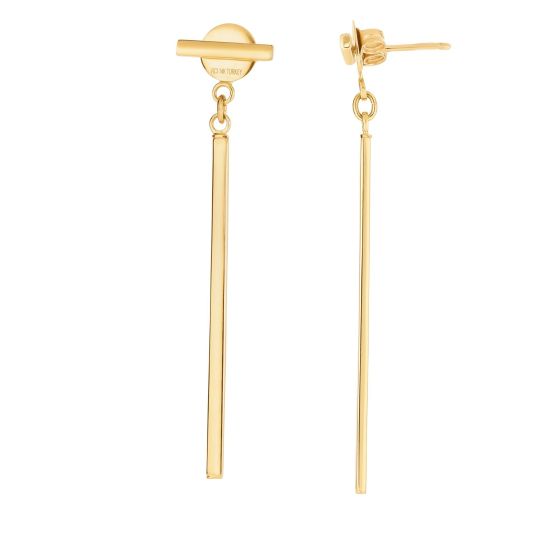 14K Gold Polished Bar with Horizontal Post Linear Drop Earring