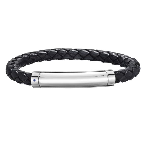 Sterling Silver Men's Leather Bar Bracelet With Blue Sapphire