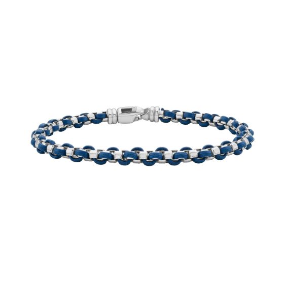 Silver Blue Leather Box Link Bracelet
