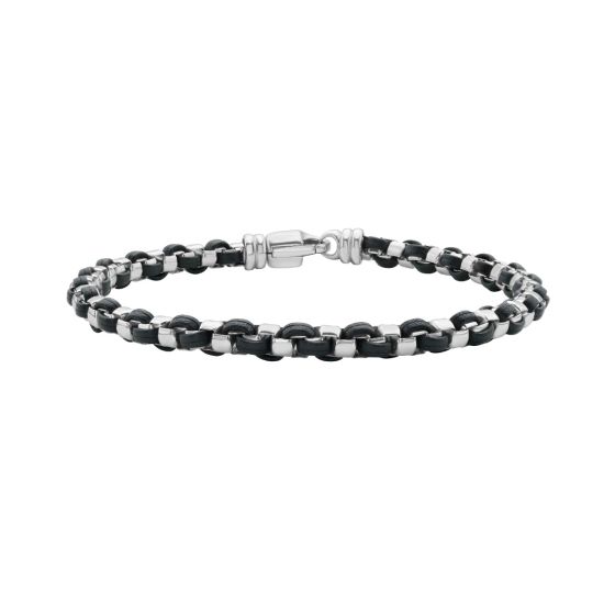 Silver Black Leather Box Link Bracelet