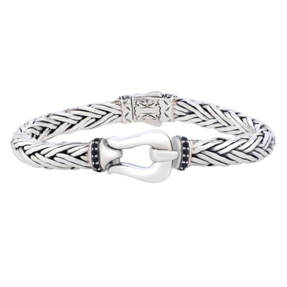 Silver Black Sapphire Woven Palmier Hook Bracelet