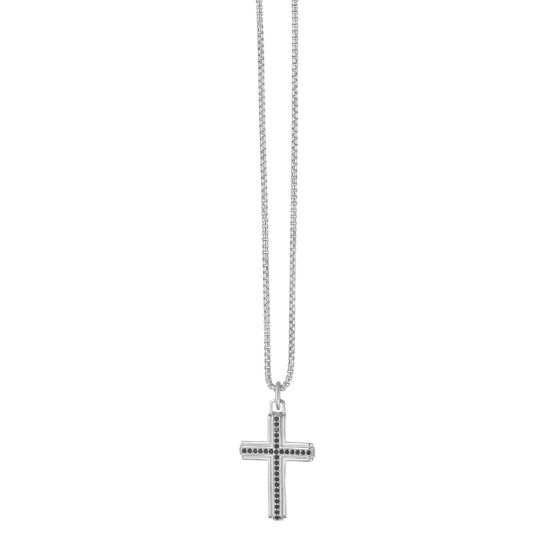 Silver Men's Large Black Spinel Cross Necklace