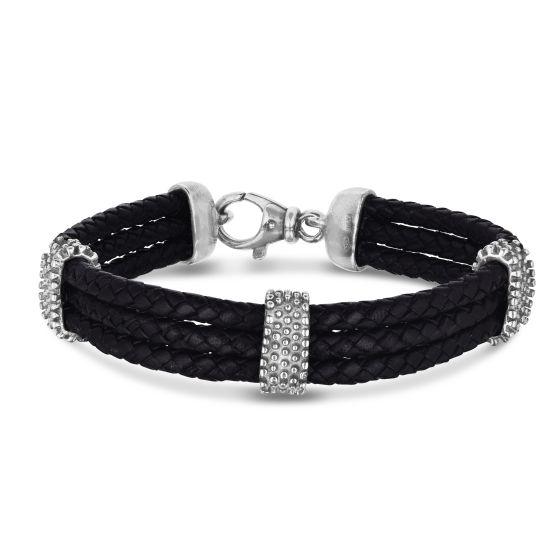 Sterling Silver Leather Triple Strand Woven Bracelet 