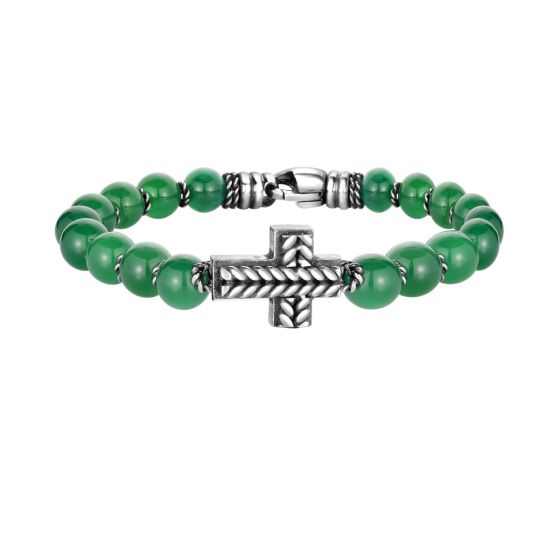 Men's Silver Cross & Green Agate Bead Bracelet