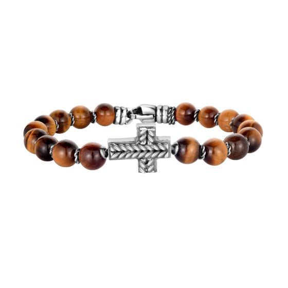 Men's Silver Cross & Tiger's Eye Bead Bracelet