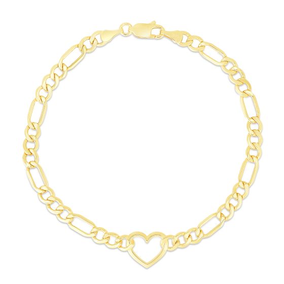 14K Heart Figaro Chain Bracelet