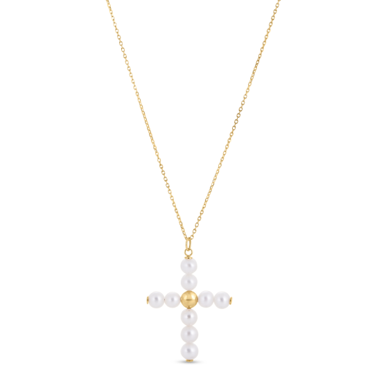 14K Gold Pearl Cross Pendant