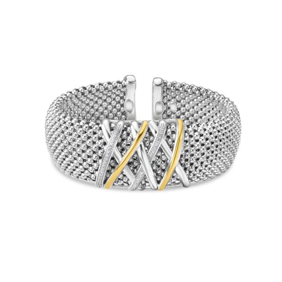 Silver, 18K Gold and Diamond Popcorn Tally Bangle 