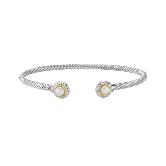 Silver & 18K Round Tip Cable Cuff Bangle