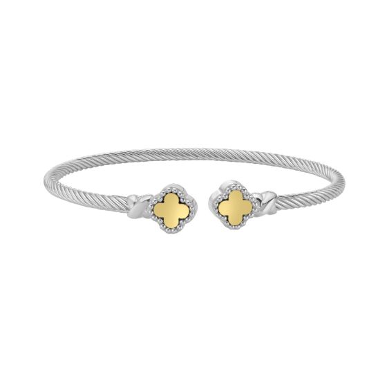 Silver & 18K Polished Clover Cuff Bangle
