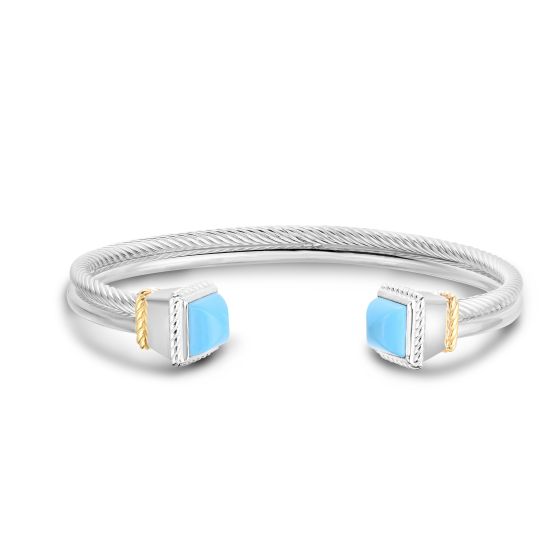 18K Gold & Silver Reconstituted Turquoise Double Strand Italian Cable Cuff Bangle