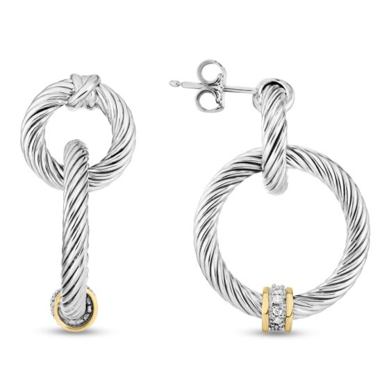 18K Gold & Silver Italian Cable Diamond Circle Drop Earrings