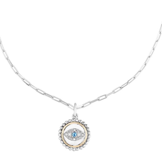 18K Gold & Silver Round Evil Eye Pendant with Paperclip Necklace 