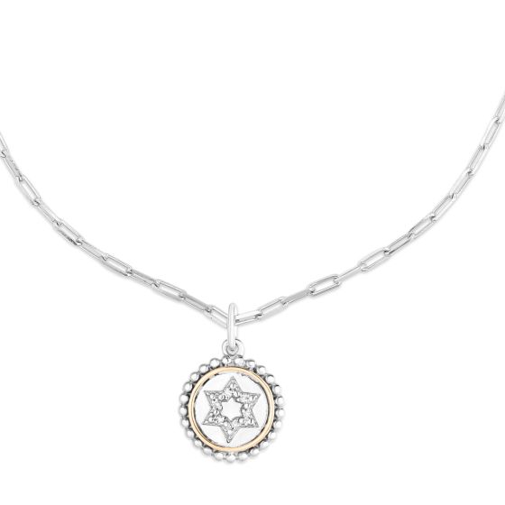 18K Gold & Silver Round Star of David Pendant on Paperclip Chain 