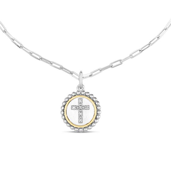 18K Gold & Silver Round Cross Pendant on Paperclip Chain 