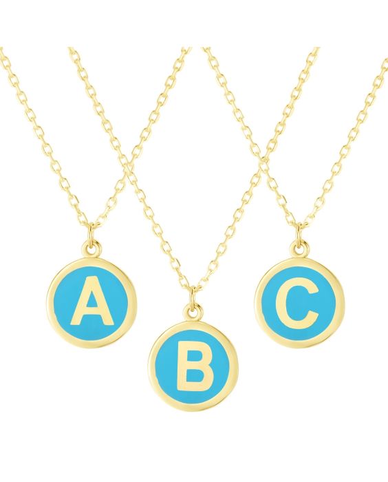 14K Blue Enamel Initial Necklace Series - ALL LETTERS