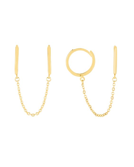 14K Double Pierced Chain Huggies