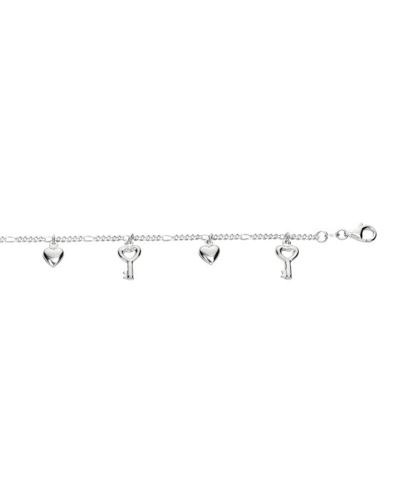 Silver Dangle Key and Hearts Anklet