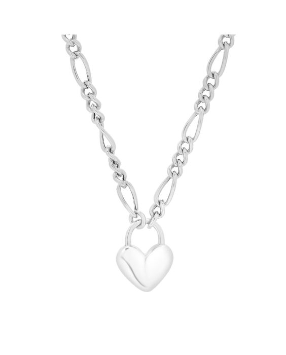 Silver Heart Padlock Figaro Necklace