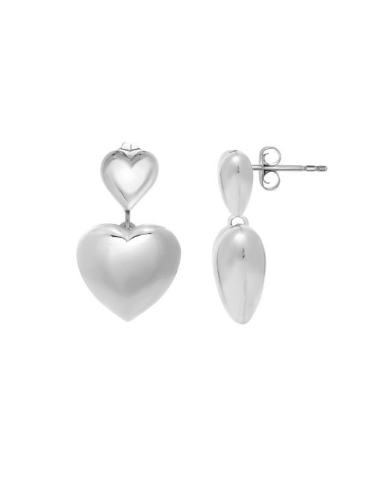 Silver Puffed Double Heart Drop Earrings