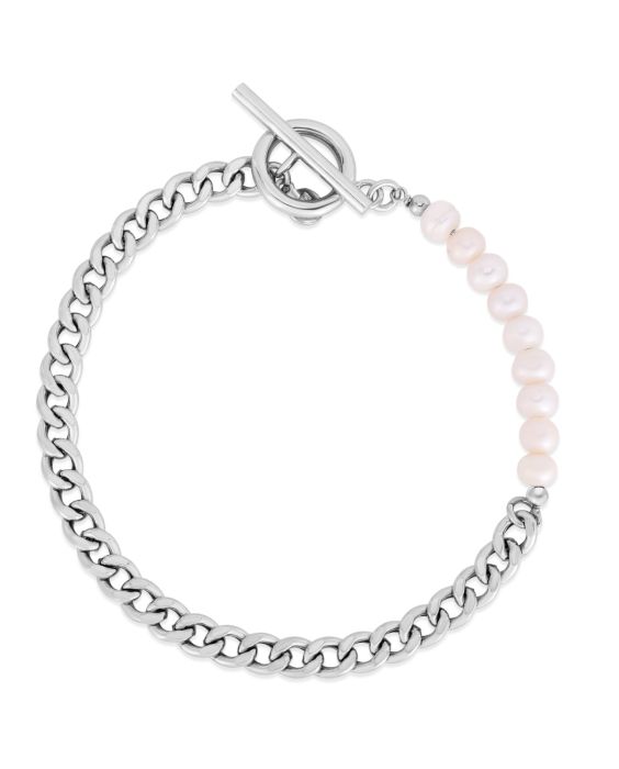 Silver Pearl Curb Toggle Bracelet