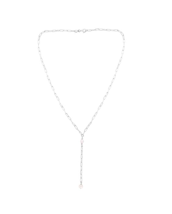 Silver Pearl Paperclip Lariat Necklace