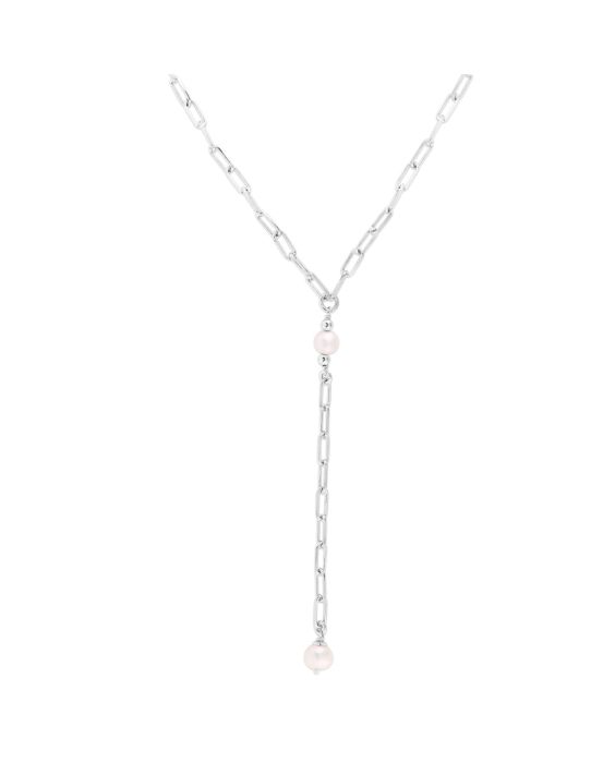 Silver Pearl Paperclip Lariat Necklace