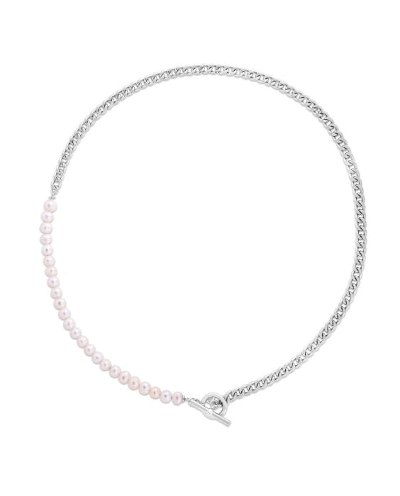Silver Pearl Paperclip toggle Necklace