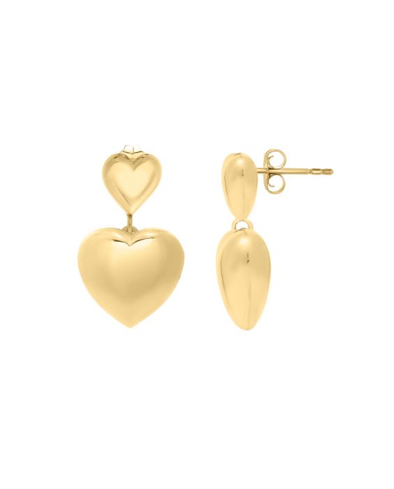 Gold Over Silver Puffed Double Heart Drop Earrings