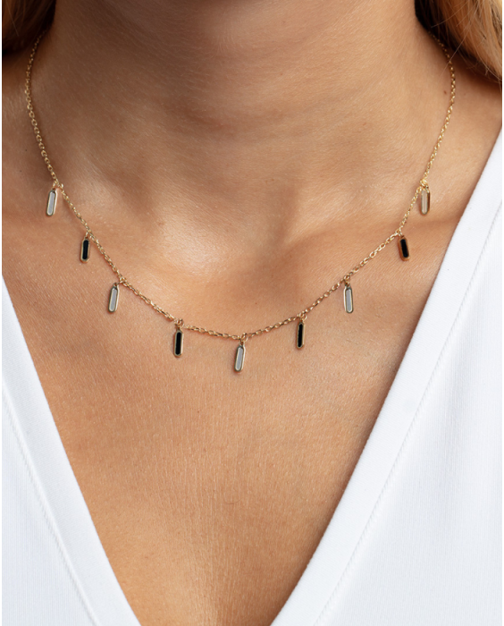 14K Onyx & MOP Inlay Station Necklace