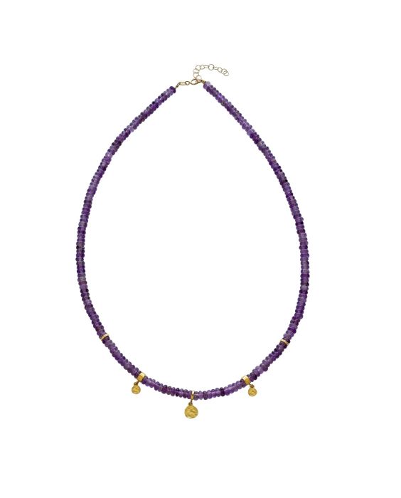 14k Gold Charm Station Amethyst Beads Necklace