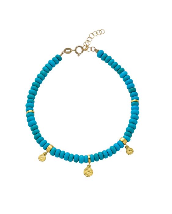 14k Gold Charm Station Turquoise Beads  Bracelet