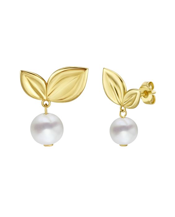 14K Cherry Leaf & Pearl Drop Studs