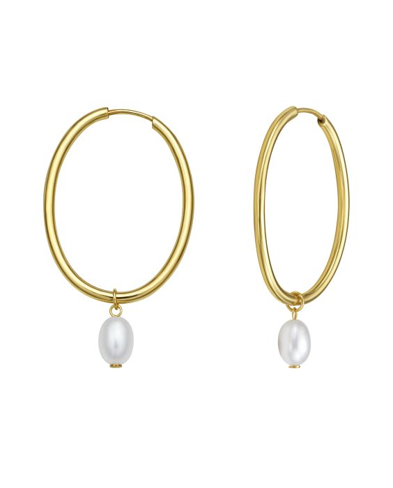14K Pearl Drop Oval Hoops