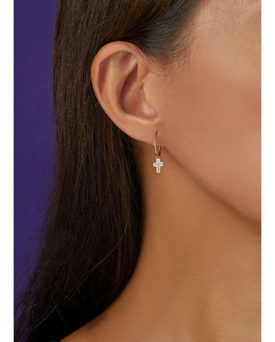 14K Gold MOP Cross Huggies