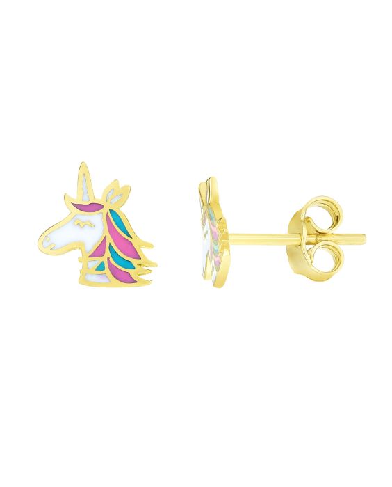 14K Gold Enamel Unicorn Stud Earring