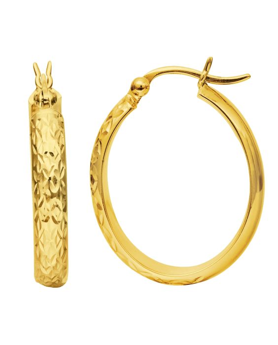 14K Gold Oval Diamond Cut Hoop Earring