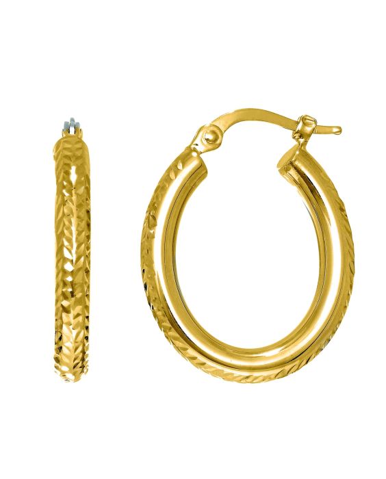 14K Gold Hinged Oval Diamond Cut Hoop Earring