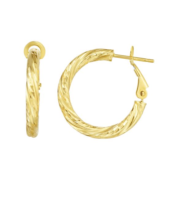 14K Gold 3x15mm Diamond Cut Twist Omega Back Hoop Earring