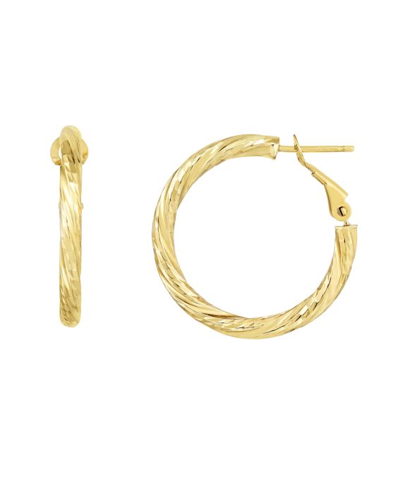 14K Gold 3x20mm Diamond Cut Twist Omega Back Hoop Earring