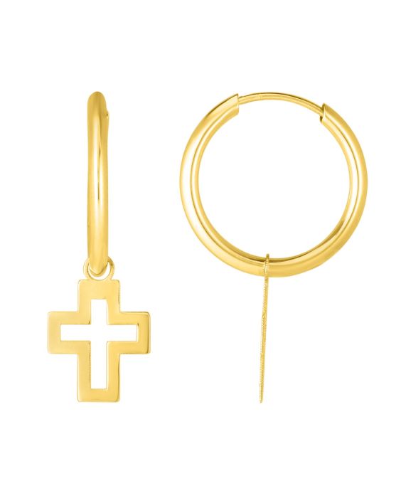 14K Gold Polished Cross Dangle Hoop