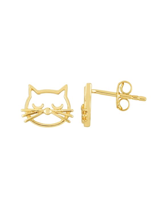 14K Gold Polished Cat Face Stud Earring
